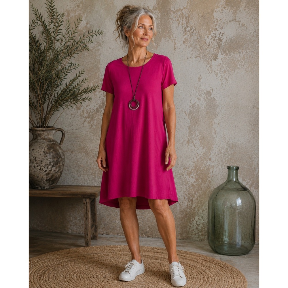 Womens Pink Pima Cotton Short Sleeve Swing A-Line Dress L Modest Coastal Casual